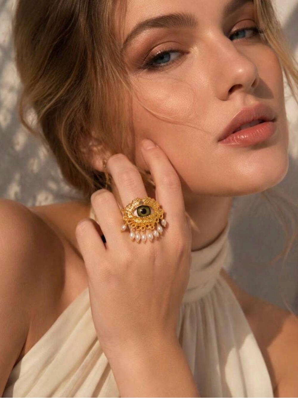Gold Eye Ring with Pearl Drops